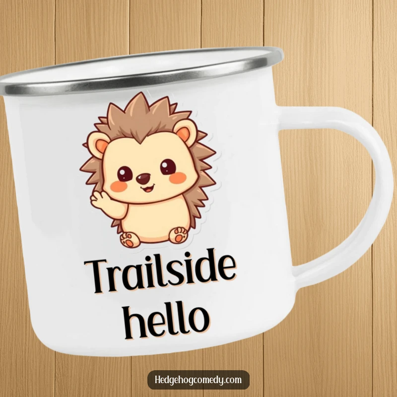 Funny Kawaii Hedgehog Camping Mug, giving a gentle wave with quills slightly raised, ideal for outdoor greetings and humorous enjoyment.