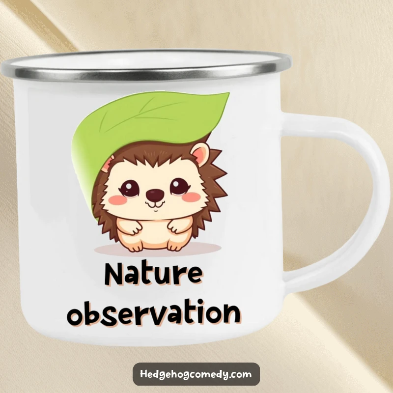 Funny kawaii hedgehog camping mug, shyly peeking from behind a leaf, a cute character for outdoor enjoyment.
