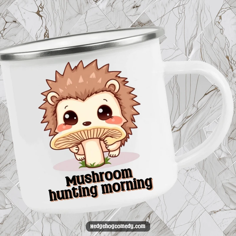Funny Camping Mug featuring a cheerful Kawaii hedgehog curiously sniffing a large mushroom, ready for forest exploration.