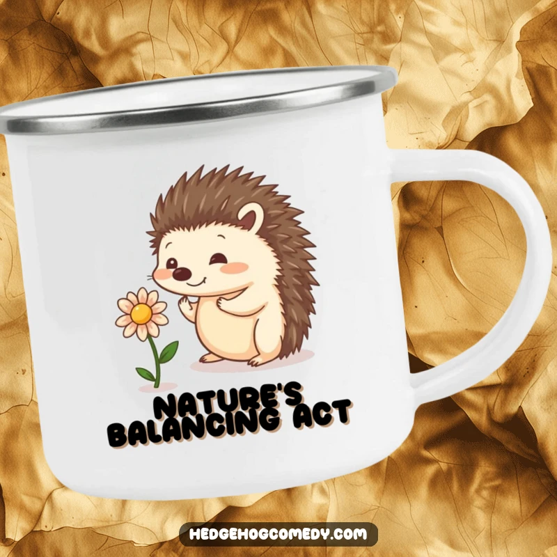 Funny durable enamel camping mug with a playful hedgehog balancing a small flower, perfect for outdoor adventures.