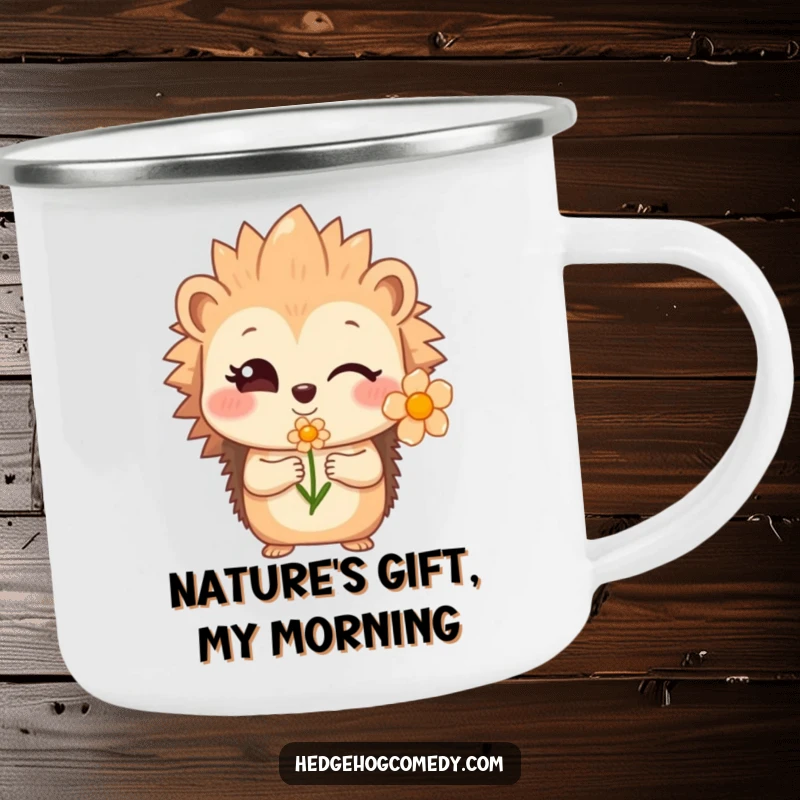 Funny shy hedgehog winking and offering a flower, a rugged camping mug for sweet outdoor gifts.