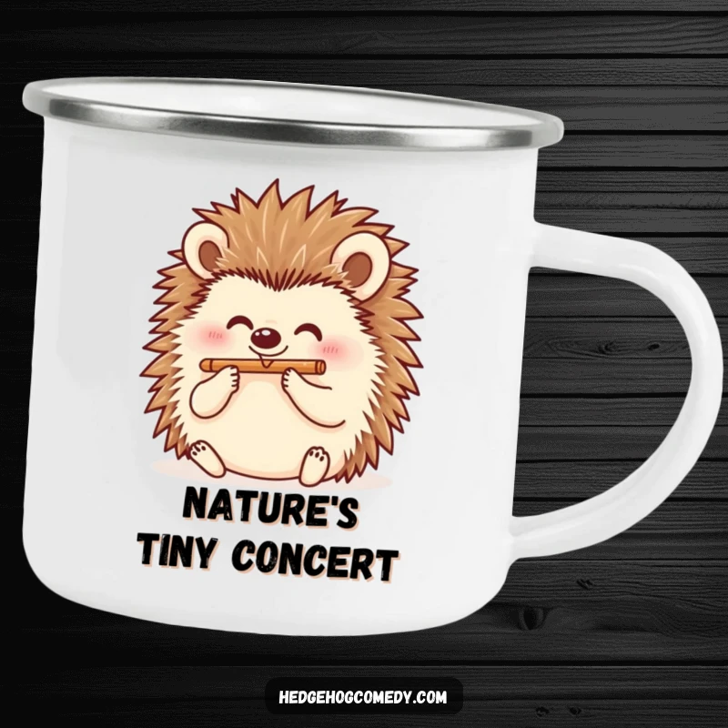 Funny hedgehog playing a flute on a camping mug, perfect for outdoor music lovers and as a funny gift.