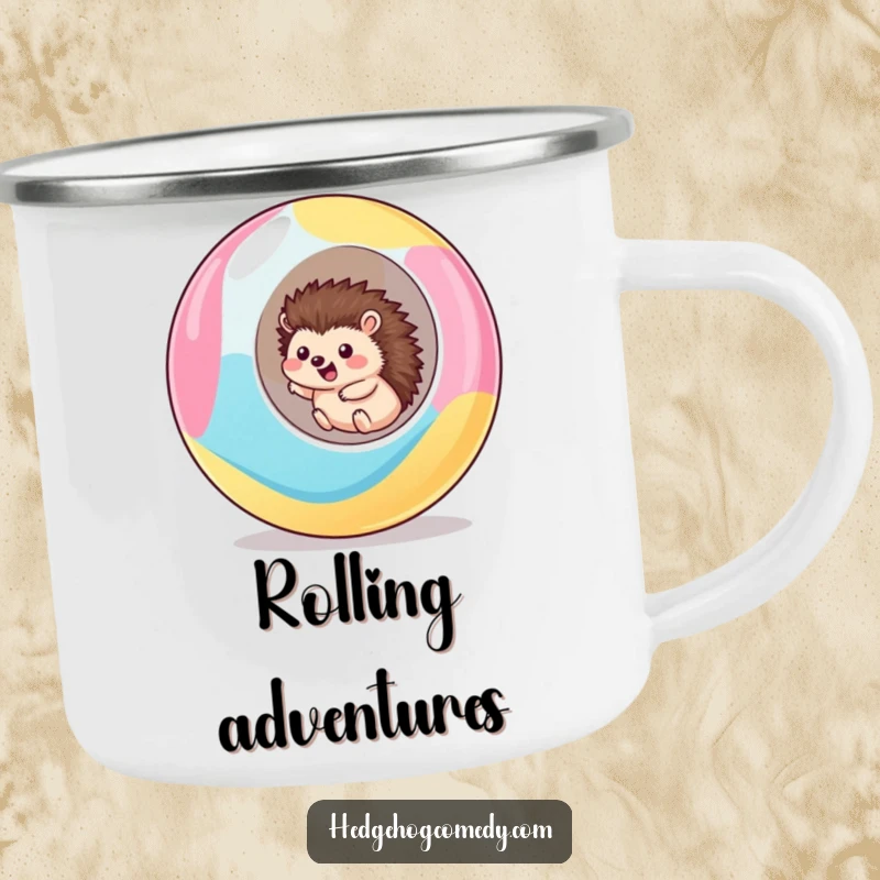 Funny kawaii hedgehog camp mug showing a cute hedgehog excitedly rolling downhill inside a giant, colorful ball, ideal for outdoor adventures.