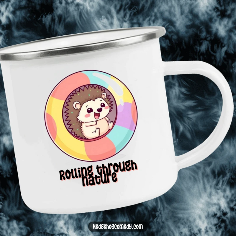 Funny Camping Mug featuring a cheerful Kawaii hedgehog rolling downhill inside a giant, colorful ball, perfect for adventures.