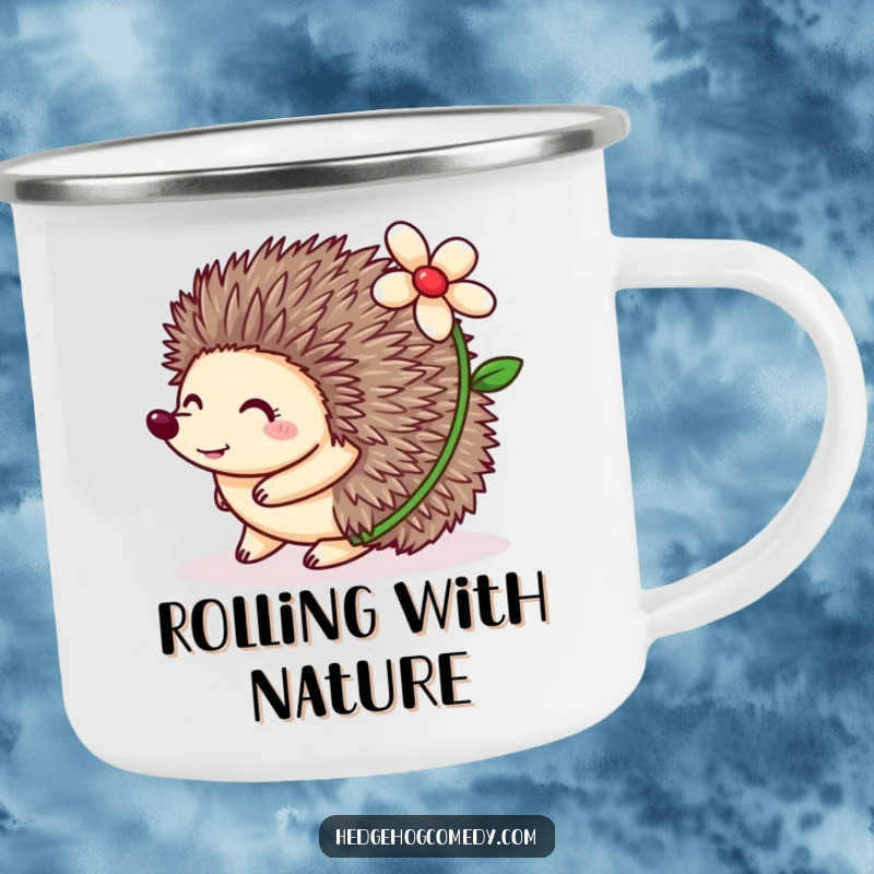 Funny Hedgehog Camping Mug showing a happy hedgehog rolling with a flower on its back, perfect for outdoor fun and humor.