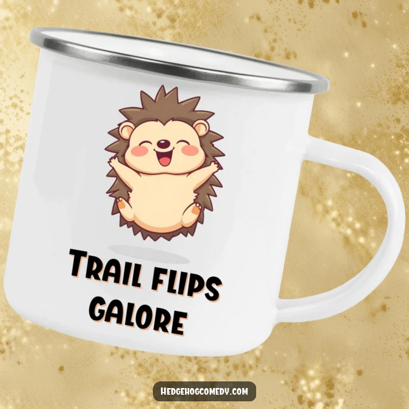 Funny camping mug featuring a joyful hedgehog doing a delighted somersault with a happy squeak.