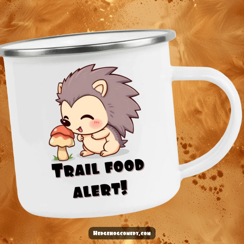 Funny hedgehog with an excited expression sniffing a mushroom on an enamel camping mug, perfect for outdoor humor.