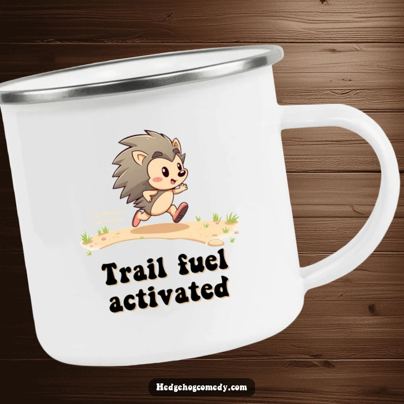 Funny camping mug featuring an energetic hedgehog character zipping with determined glee, ideal for outdoor enthusiasts.