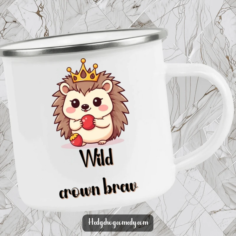 Funny camping mug with a kawaii hedgehog wearing a crown and balancing a berry, ideal for outdoor drinks with a humorous touch.