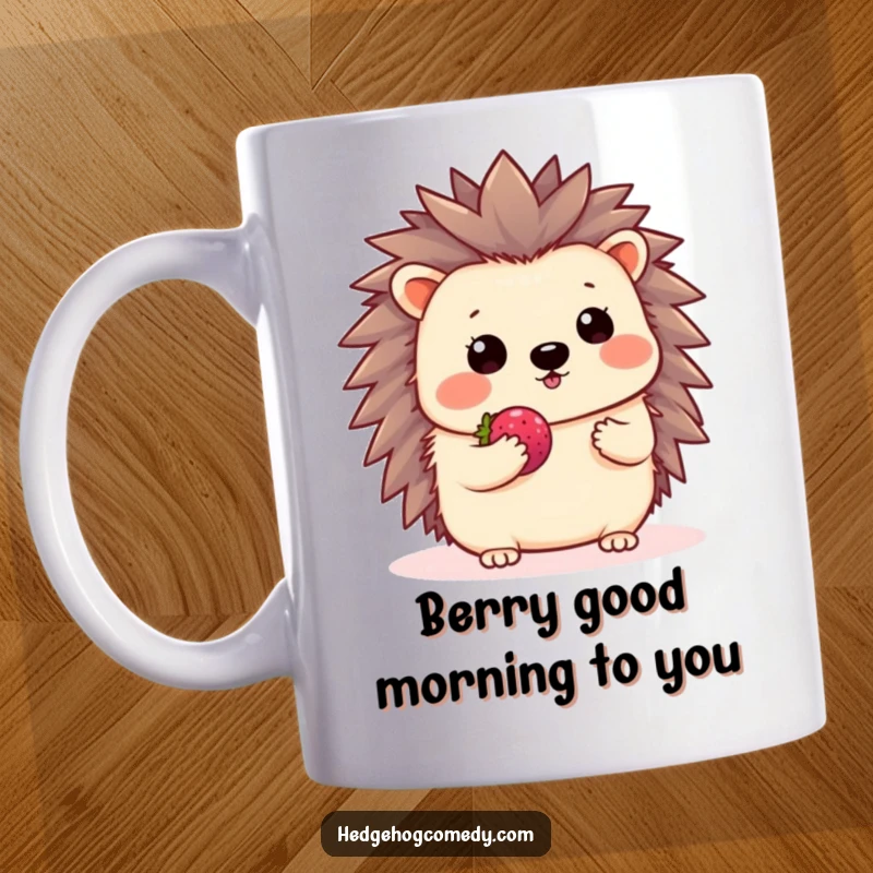 Funny Kawaii Hedgehog Mug: A cute hedgehog shyly waves while offering a tiny berry in this sweet design.