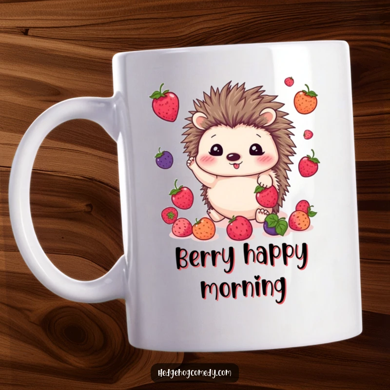 Funny kawaii hedgehog mug depicting a cute hedgehog happily juggling several bright berries with its tiny paws and sparkling eyes.