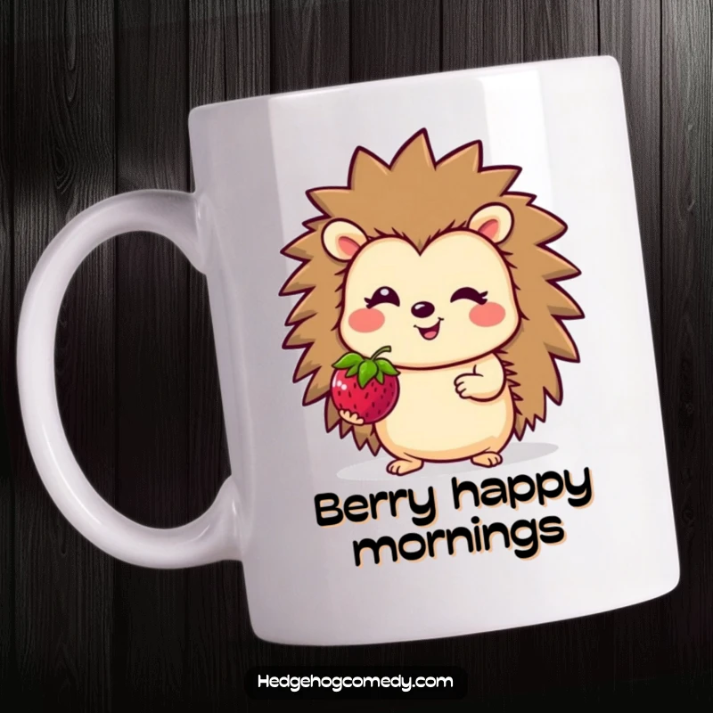 Funny Mug showing a smiling hedgehog character offering a bright red berry, conveying joy and generosity.
