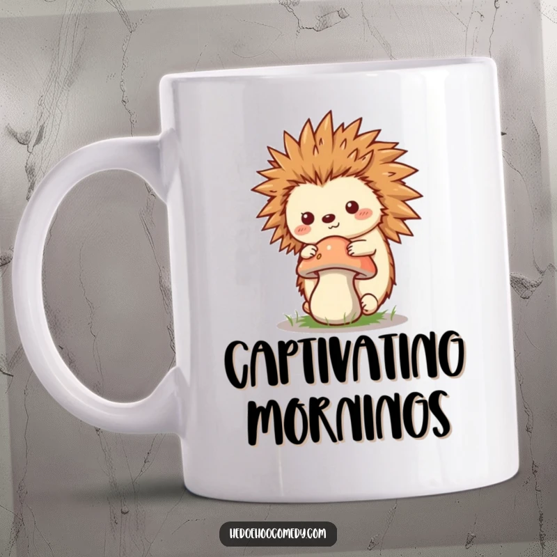 Funny Kawaii Hedgehog Mug, balancing a mushroom on its quills, embodying whimsical nature, balance, and humorous charm.