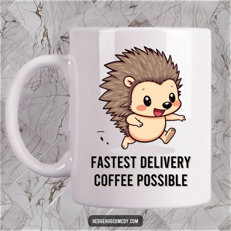 Funny Hedgehog Racing Mug: Cute hedgehog with a determined, happy face, legs a blur as it races forward.