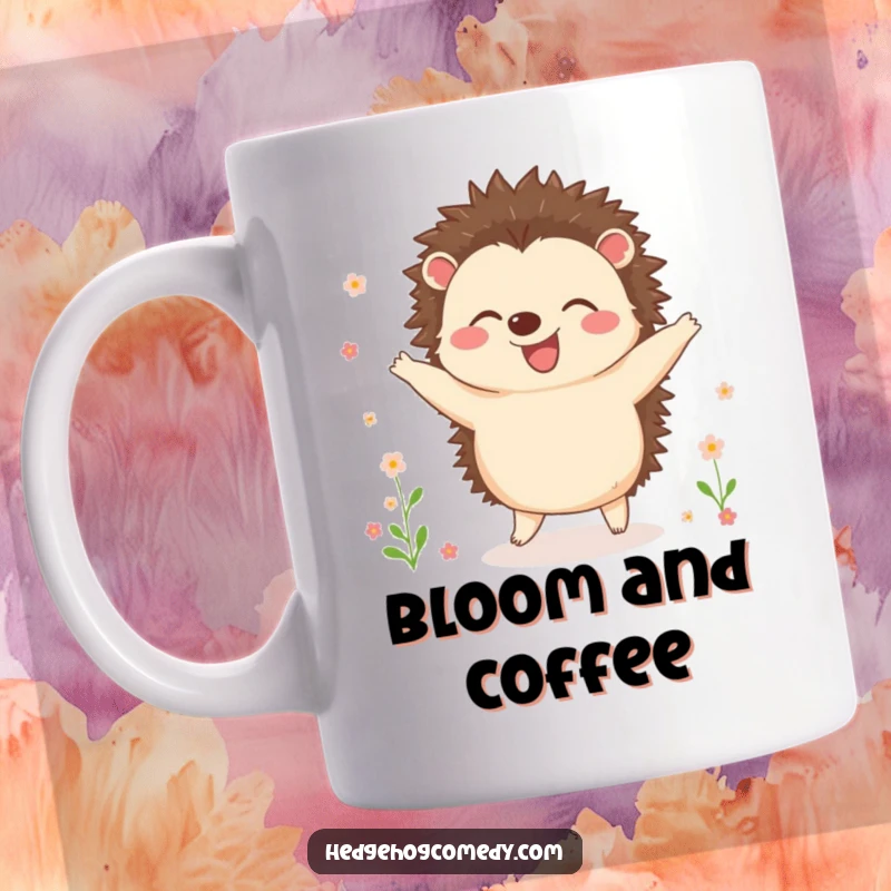 Funny mug featuring a joyful hedgehog dancing among blooming tiny flowers, radiating pure happiness and vibrant energy.