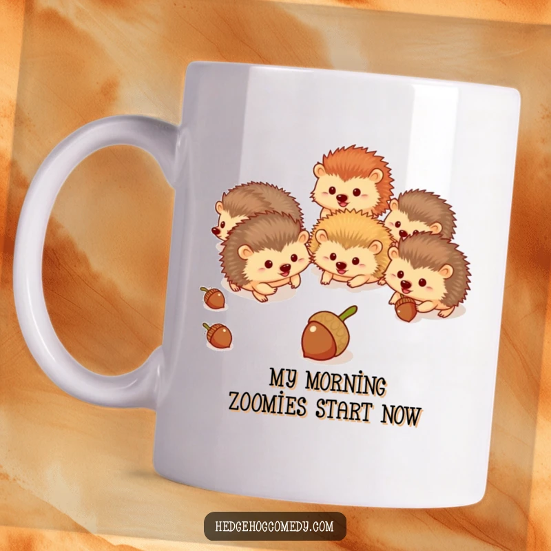 Funny hedgehog friends enthusiastically chasing rolling acorns in a whimsical, playful forest scene, perfect for a gift.