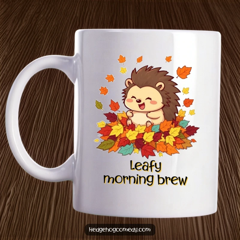 Funny mug featuring a happy hedgehog character joyfully rolling in a vibrant pile of colorful autumn leaves.