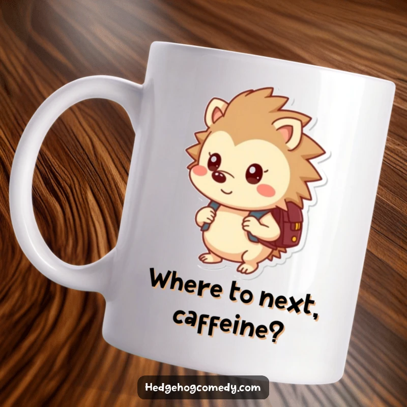 Funny mug featuring a curious hedgehog wearing a backpack, ready for exploration and adventure.