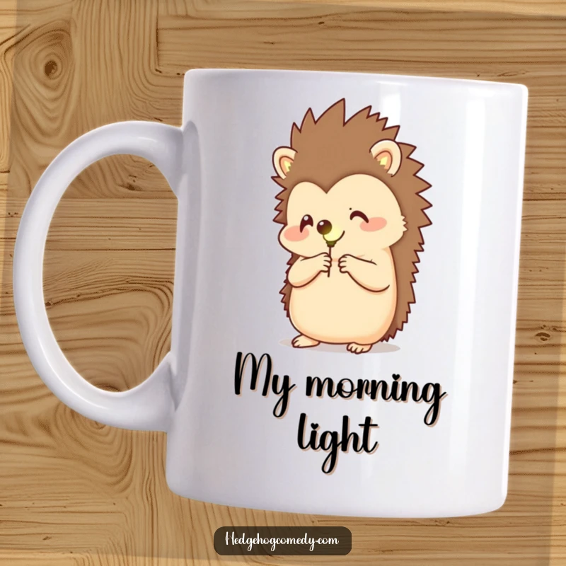 Funny mug featuring a happy hedgehog gently holding a glowing firefly, symbolizing wonder and the magic of nature.