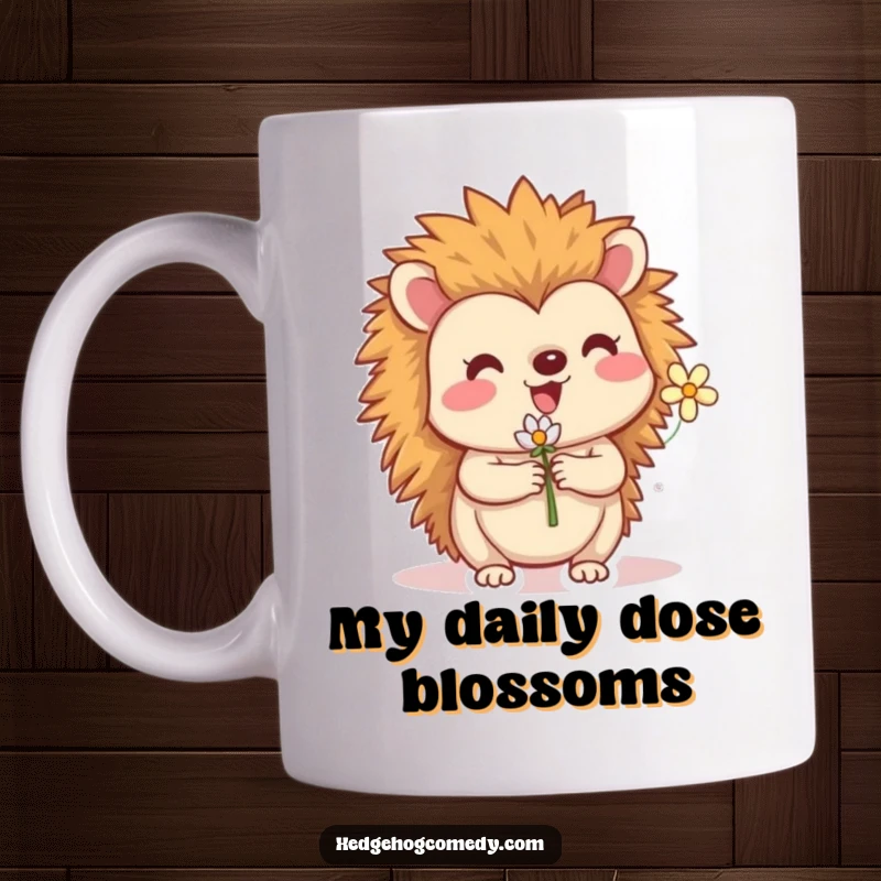 Funny mug featuring a cute hedgehog character with a big smile, happily holding a tiny, vibrant flower. Pure joy and cuteness.