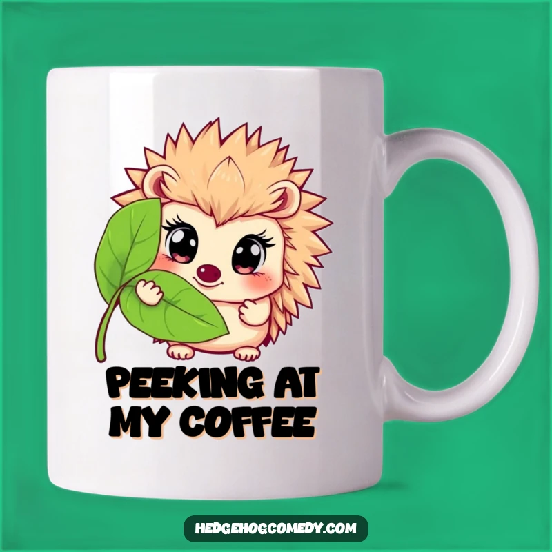 Funny Hedgehog Leaf Peek Mug: Wide-Eyed Prickly Friend's Shy Humor Gift