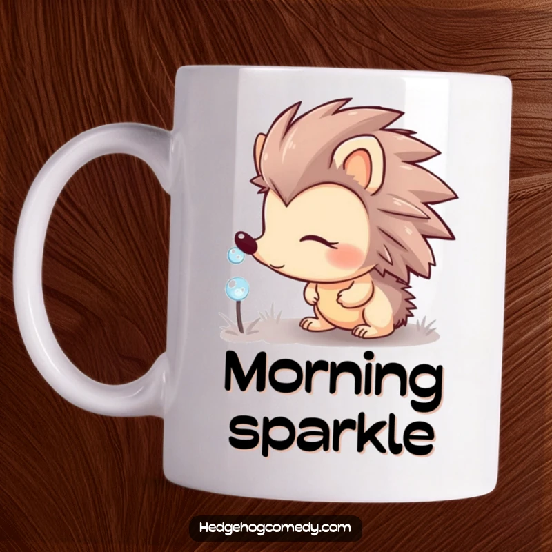 Funny hedgehog character looking curious at a sparkling dewdrop on a leaf, wearing a tiny hat, perfect gift.