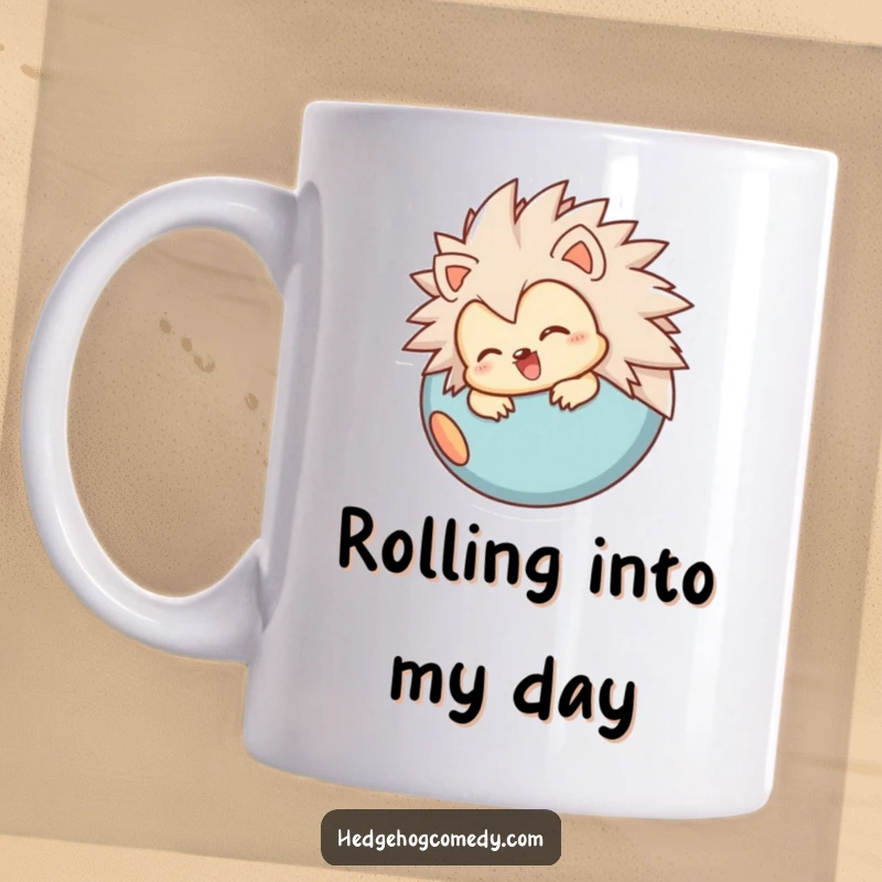 Funny mug featuring a joyful hedgehog character rolling into a ball, conveying cuteness and a love for comfort, a great gift.