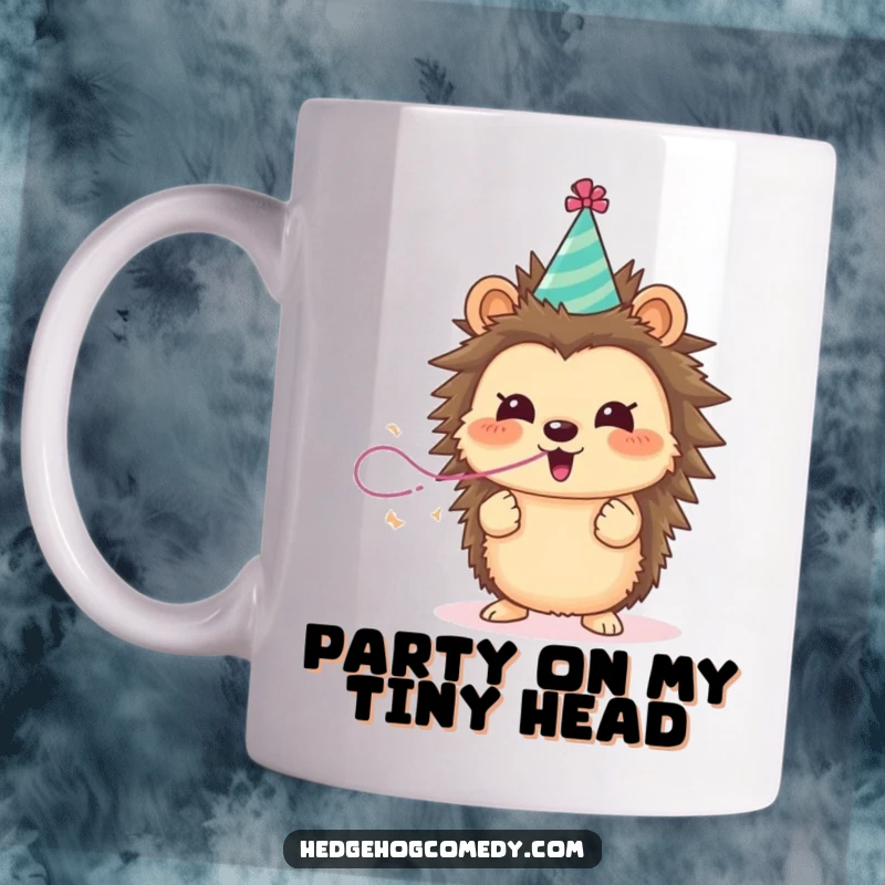Funny hedgehog wearing a party hat is blowing a streamer with excitement, perfect birthday gift mug.