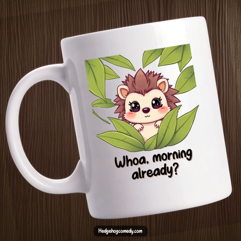 Funny hedgehog peeking from green leaves with wide, surprised eyes on a coffee mug, expressing a comical, unexpected moment.
