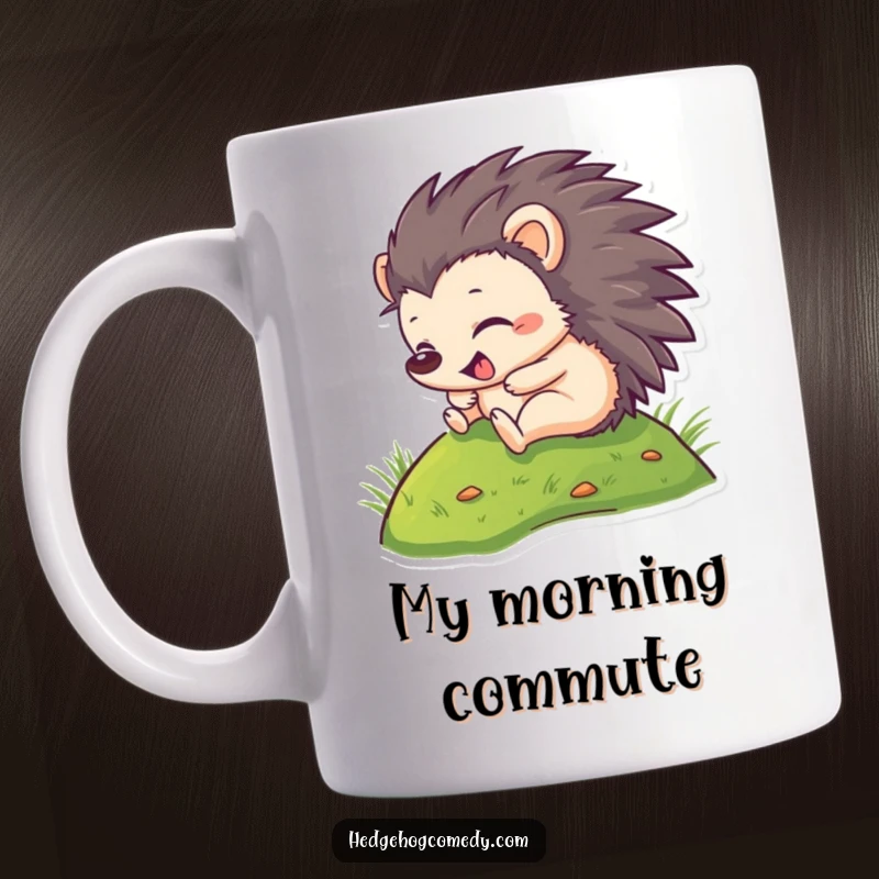 Funny Mug: A gleeful hedgehog tumbles down a green hill, spreading joy and laughter. Perfect for any animal enthusiast seeking a smile.