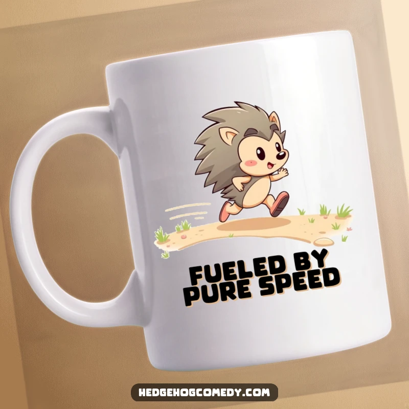 Funny mug featuring an energetic hedgehog character zipping with determined glee across a path, celebrating speed and joy.