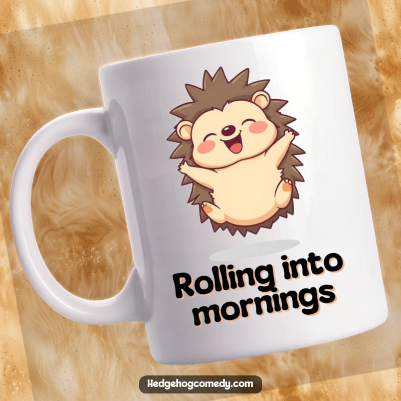 Funny mug featuring a joyful hedgehog doing a delighted somersault with a happy squeak.