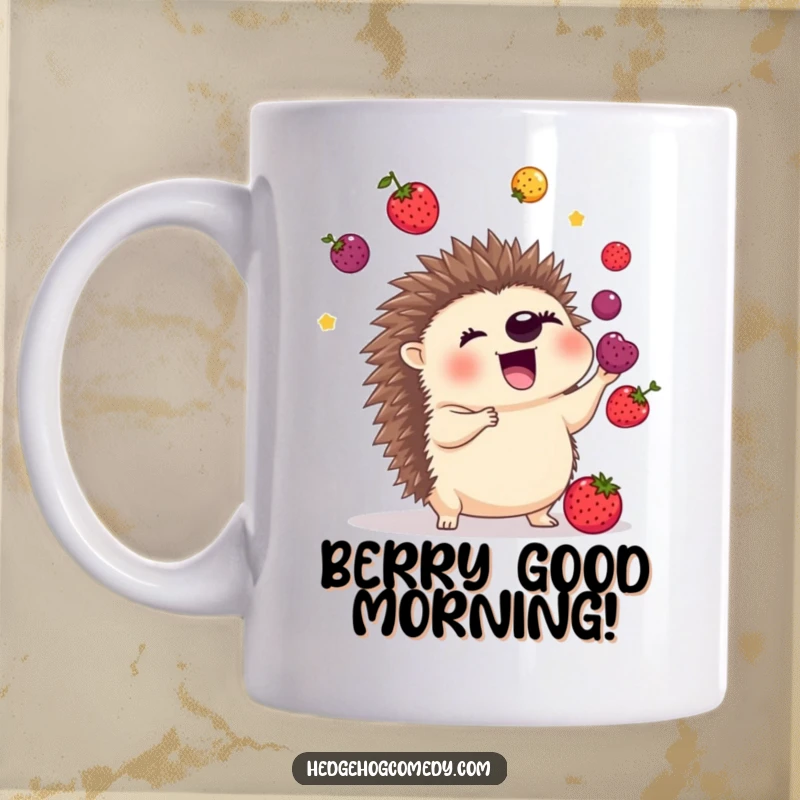 Funny mug featuring an excited hedgehog expertly juggling colorful berries using its quills, showcasing impressive and amusing dexterity.