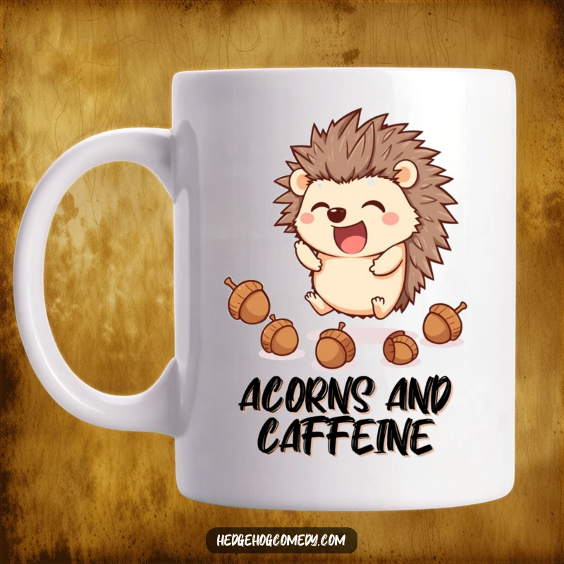 Funny excited kawaii hedgehog attempting to juggle tiny acorns using its feet, a humorous gift.