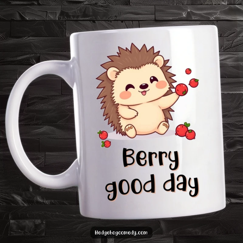 Funny kawaii hedgehog mug, playfully juggling small red berries, showcasing a cheerful and skilled character.