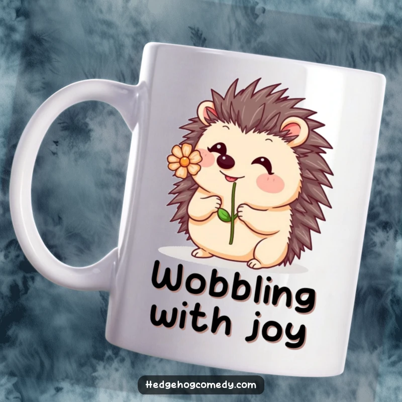 Funny Kawaii Hedgehog Mug: A cute hedgehog playfully wobbles while balancing a small flower on its nose, showcasing delicate charm.