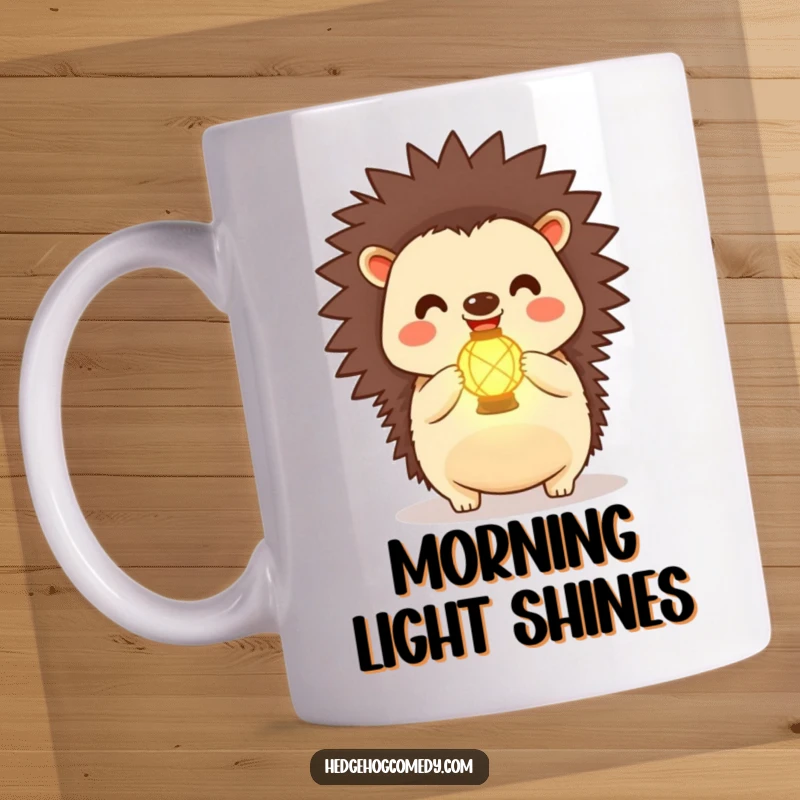 Funny Kawaii Hedgehog Mug: A joyful hedgehog proudly holds a small, glowing lantern, radiating happiness and warmth.
