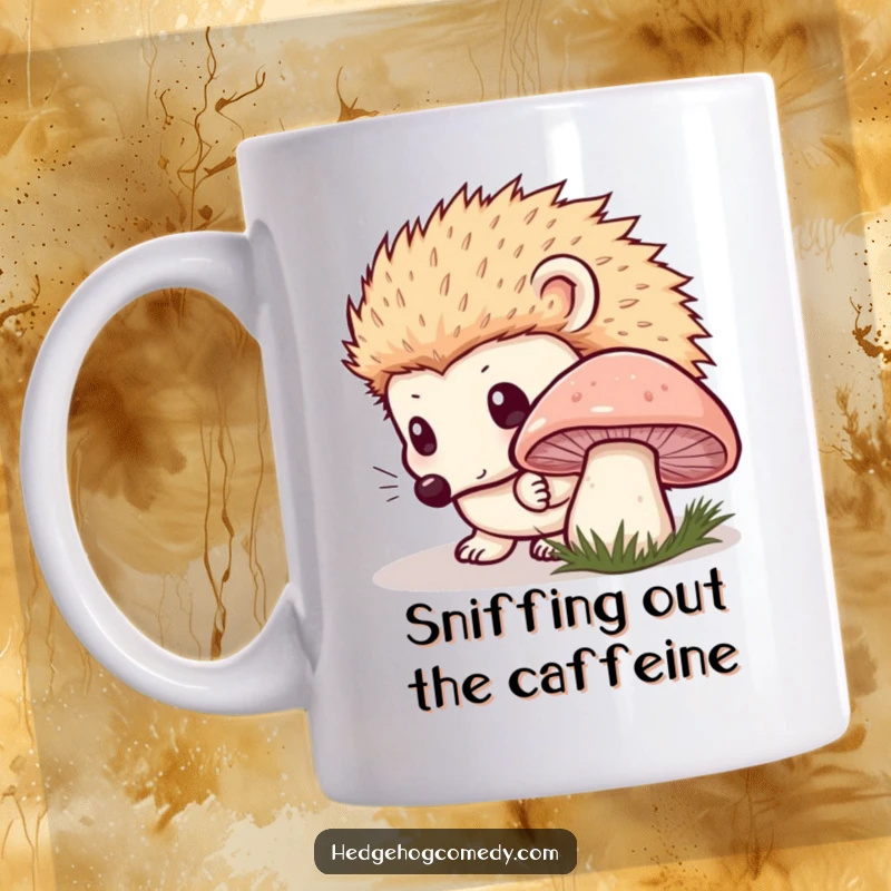 Funny Kawaii Hedgehog Mushroom Mug: Curiously sniffing a dewy mushroom with innocent eyes, a picture of gentle exploration. Hilarious funny gift.