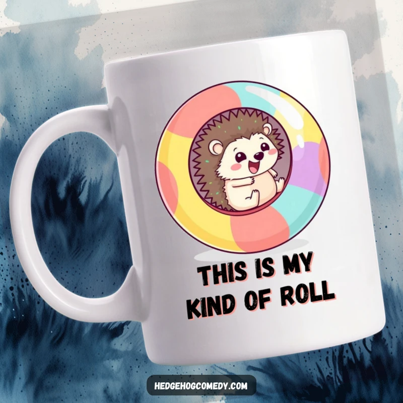 Funny Kawaii Hedgehog mug design showing a cute hedgehog happily rolling downhill inside a large, colorful sphere.