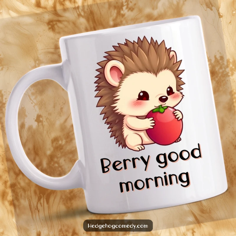 Funny mug featuring a timid hedgehog holding a large berry under its chin.
