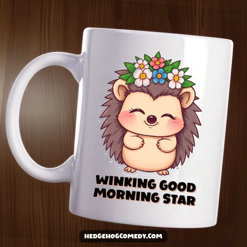 Funny Hedgehog Mug with a cute hedgehog character winking playfully while wearing a small, delicate crown of flowers.