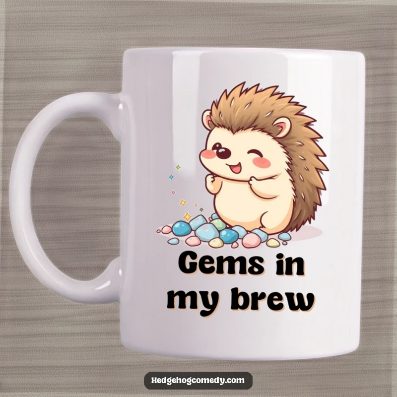 Funny Kawaii Hedgehog Mug: An excited hedgehog gleefully shows off a pile of tiny, sparkling pebbles it has collected.