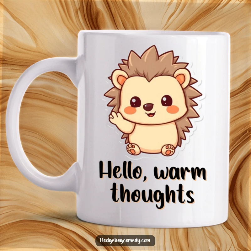 Funny Kawaii Hedgehog Mug, giving a gentle wave with quills slightly raised, embodying friendly greetings and humorous charm.