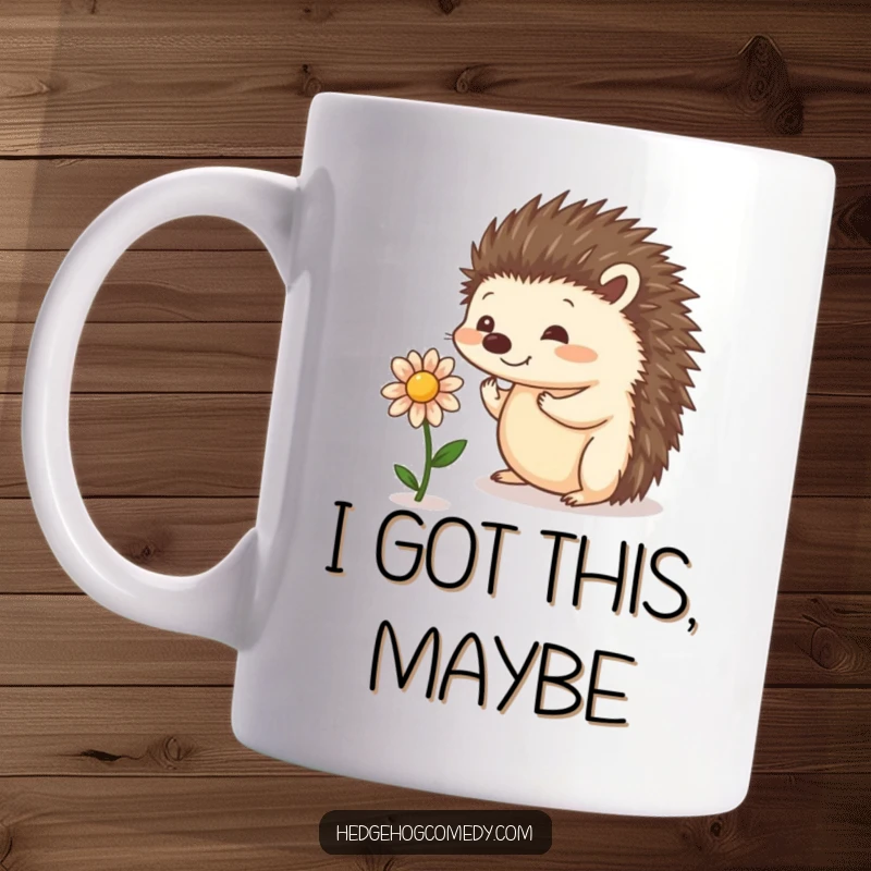 Funny mug with a playful hedgehog carefully balancing a tiny flower on its nose, a cute and whimsical nature-themed gift.