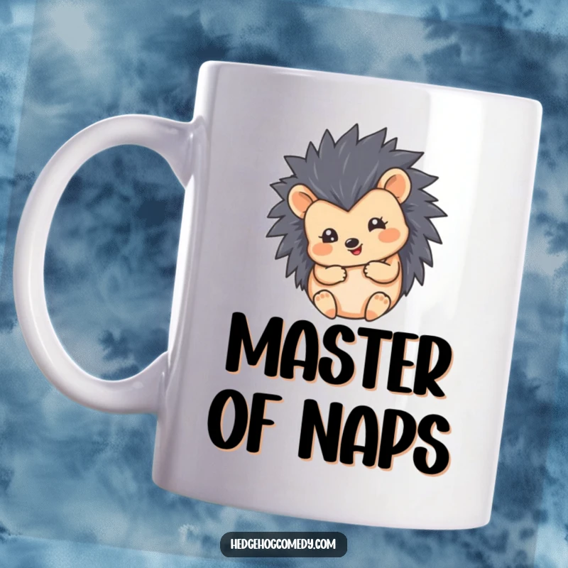 Funny mug design of a hedgehog curled into a perfectly cute and round happy ball. Adorable and humorous gift.