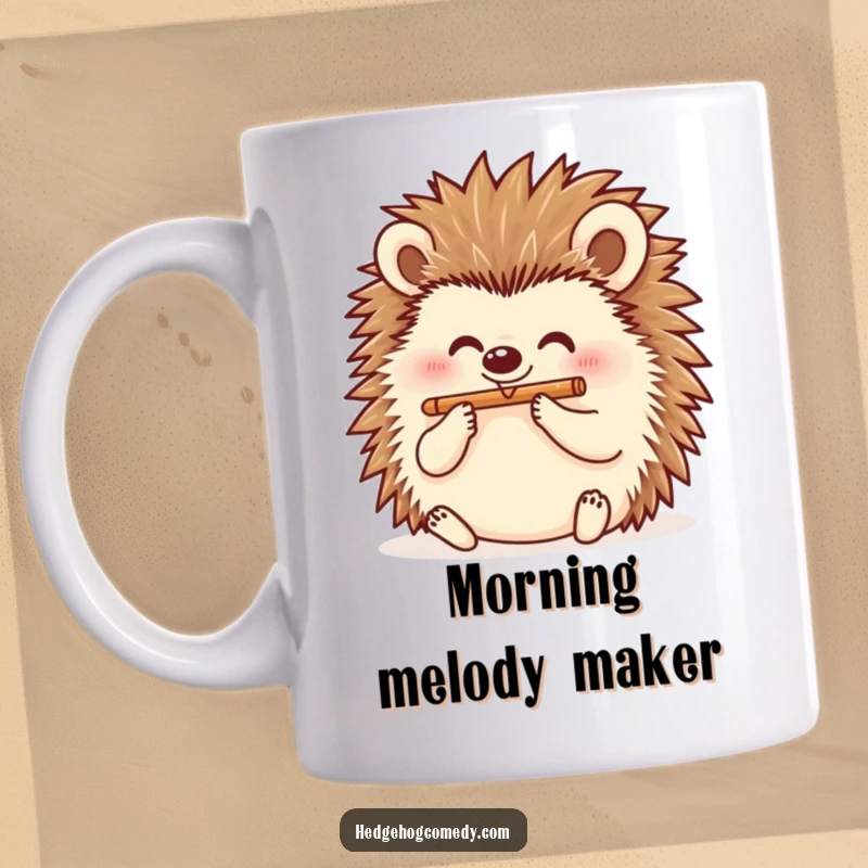 Funny playful hedgehog playing a tiny flute with a cheerful expression on a mug, ideal for a funny gift.