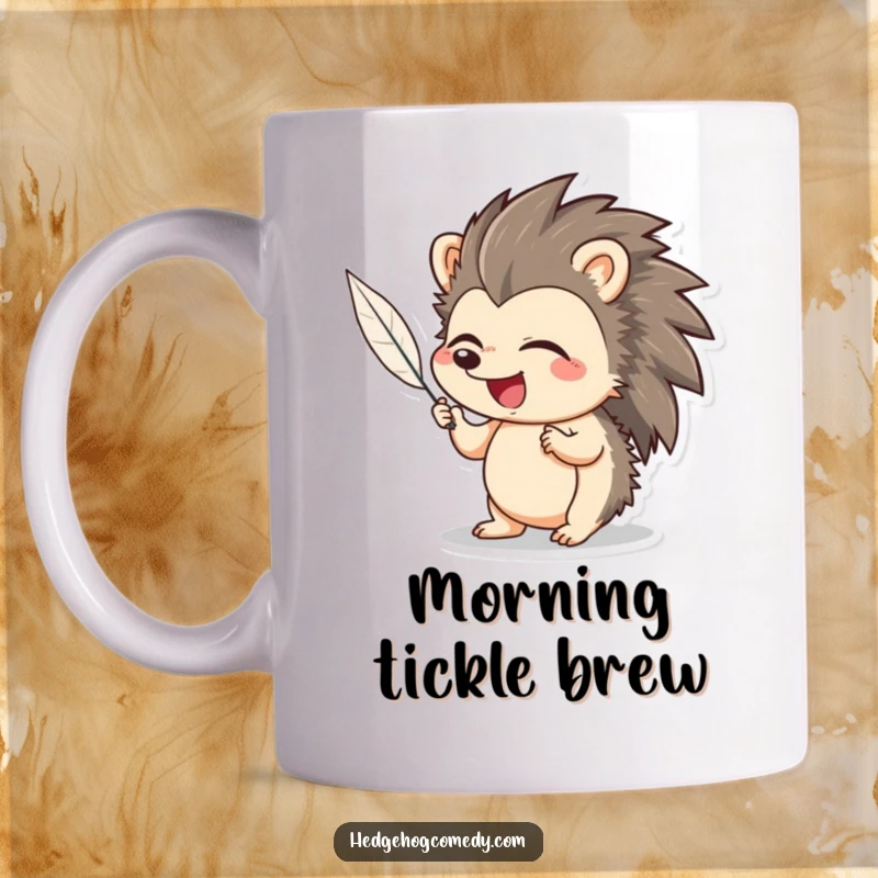 Funny Hedgehog Mug: An adorable hedgehog giggling uncontrollably while being tickled by a soft feather.
