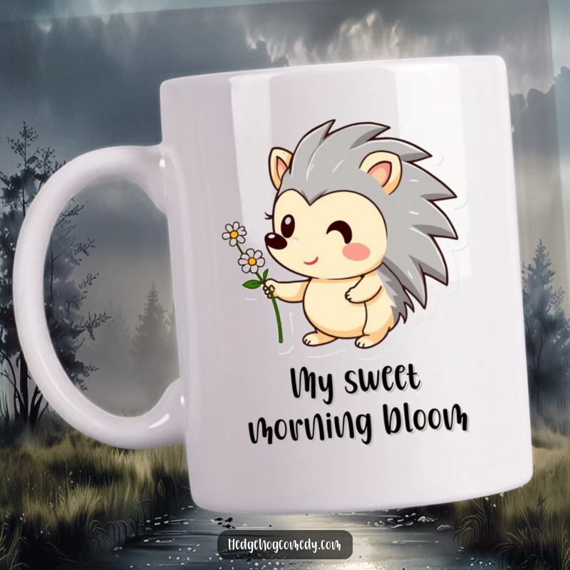 Funny mug showcasing a happy hedgehog character with a sweet smile, gently offering a small flower. Perfect cute animal gift.