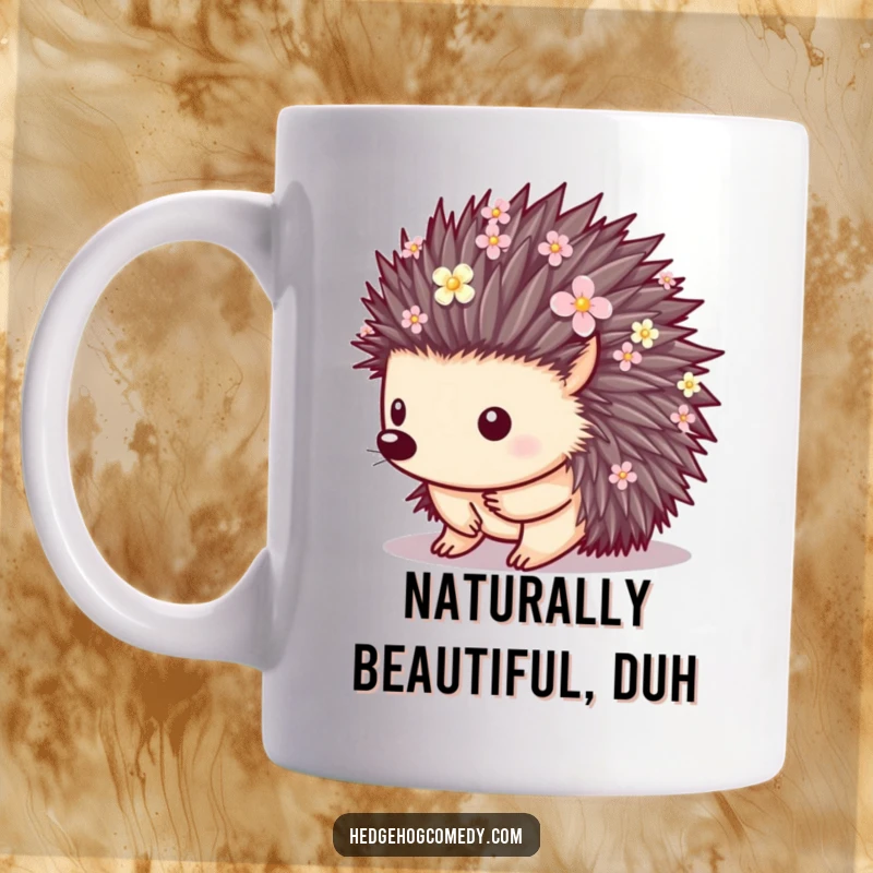Funny mug featuring a hedgehog with quills beautifully adorned with small, colorful flowers, a unique nature-inspired design.