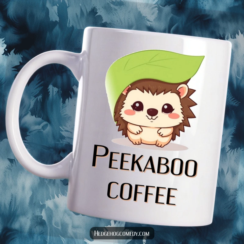 Funny kawaii hedgehog mug, shyly smiling and peeking from behind a green leaf, conveying sweetness.